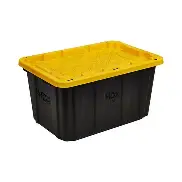 Black reusable plastic moving tote with bright yellow lid, shown from the side